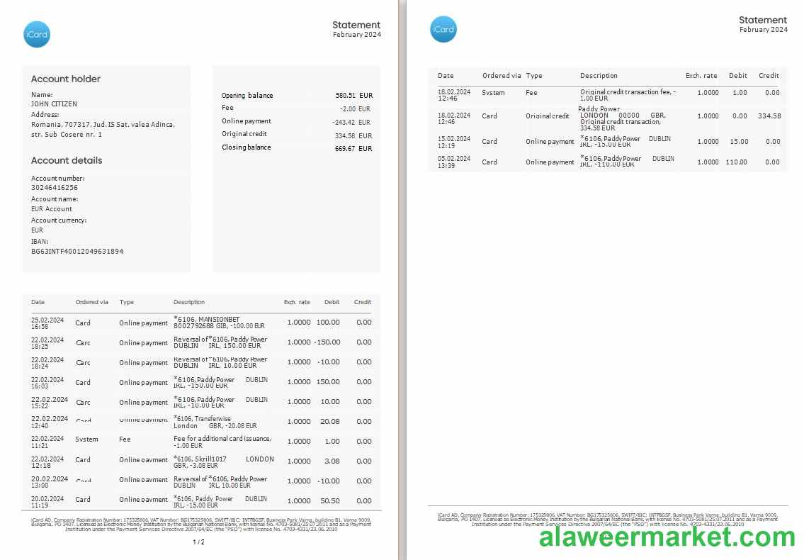 Ukraine Icard bank statement 3 – 6 months Word and PDF example, 2 pages